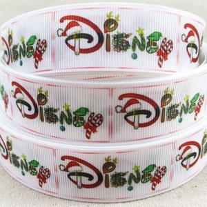 Disney Christmas Ribbon 1&quot;, 1.5&quot; and 2&quot; High Quality Grosgrain Ribbon By The Yard | Disney Xmas Words Logo Santa Mickey