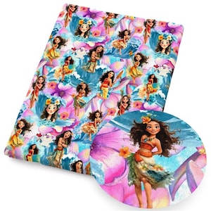 May include: A vibrant fabric featuring a repeating pattern of a cartoon character in various poses, surrounded by flowers and ocean waves. The character is depicted with dark hair, wearing colorful outfits. The background is a mix of blue, pink, and purple.