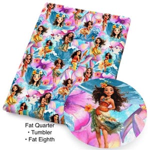 May include: A fabric with a repeating pattern of a cartoon character in a floral and wave design. The fabric has a blue, pink, and yellow color scheme. The text "Fat Quarter", "Tumbler", and "Fat Eighth" is visible.