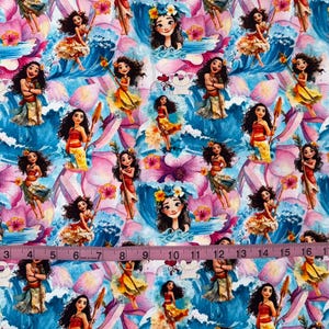 May include: Fabric with a repeating pattern featuring cartoon characters in a tropical setting. The design includes images of women, flowers, and ocean waves in shades of blue, pink, and yellow. The fabric is suitable for various crafting projects.