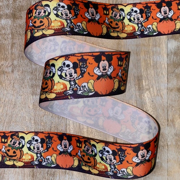 Disney Halloween Ribbon 1" or 1.5" High Quality Grosgrain Ribbon By The Yard | Mickey Pumpkin Patch Skeleton Costume