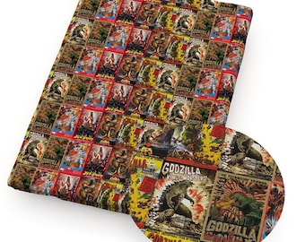 Puede incluir: Una tela colorida con un patrón repetitivo de carteles de películas vintage de Godzilla. Los carteles muestran a Godzilla en varias poses y escenas, con texto que dice "Godzilla King of Monsters" y "The Tyrannosaurus of Terror".