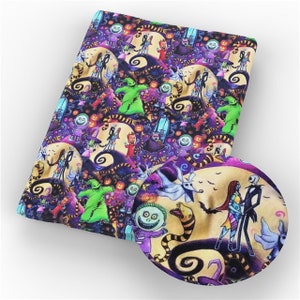 May include: A fabric piece featuring a colorful, repeating pattern of characters and scenes from "The Nightmare Before Christmas." The design includes Jack Skellington, Sally, Oogie Boogie, and other iconic elements set against a purple and yellow backdrop.