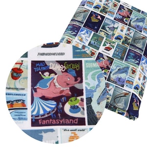 18x10&quot; Disney Poster Collage Print | 100% Cotton Fabric | Remnant | Dumbo | Haunted Mansion | Peter Pan | Autopia | Star Tours
