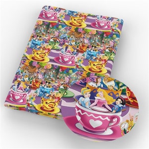 18x10&quot; Disney Teacup Fabric | 100% Cotton Fabric | Remnant | Princess Eeyore Piglet Beauty and the Beast Snow White Collage