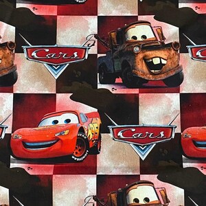 Cars Cotton Fabric by the Yard, Lightning McQueen Mater Checkerboard Print, Disney Character Quilting Fabric image 2