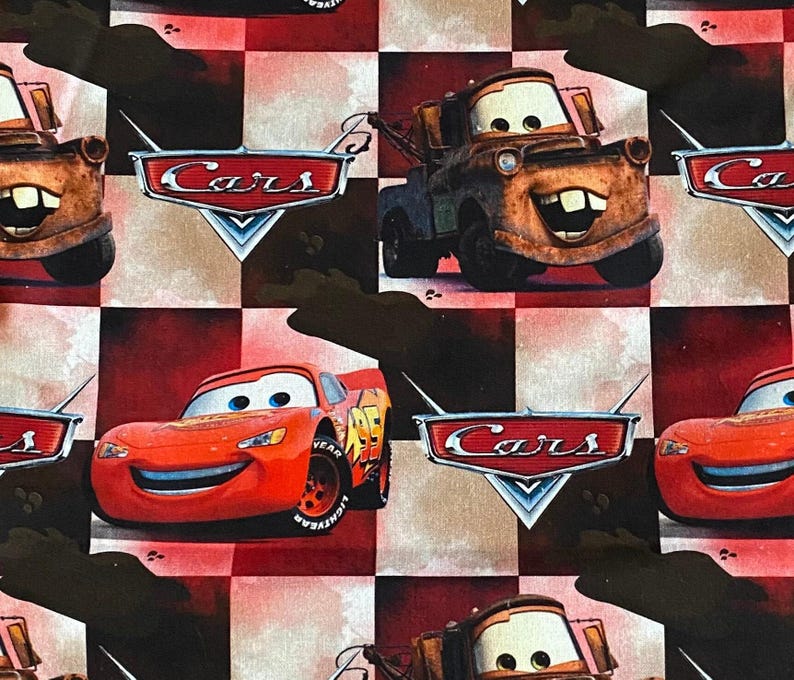 Cars Cotton Fabric by the Yard, Lightning McQueen Mater Checkerboard Print, Disney Character Quilting Fabric image 2