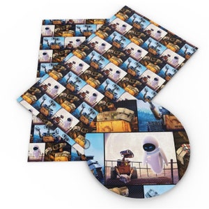 May include: Two fabric pieces, one square and one circular, feature a repeating pattern of images from the animated film "WALL-E." The images include the characters WALL-E and EVE, set against various backgrounds. The color palette is dominated by blues, oranges, and whites.
