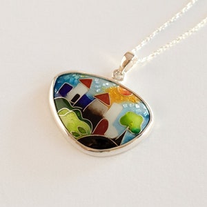 Old City of Memories Cloisonne Enamelled Necklace, Handmade colourful statement pendant for her, Home, Houses, Towns