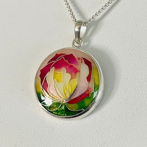 Cloisonné Enamel Peony Pendant – Handcrafted Floral Necklace with 24K Gold, Sterling Silver Chain