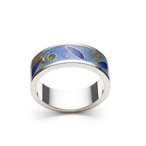 Blue Enamel Cloisonne Contemporary Band, Sky Blue Ring Decorated with designs of Leaves, a gift For Her