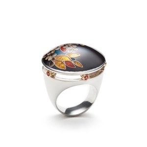 Big, Black Bloom Cocktail Ring for Her, Statement Cloisonne Ring, Art Nouveau Style Modern Design, Handmade Enamelled Jewellery