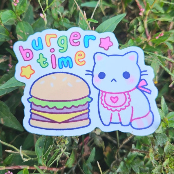 Burger Time Sticker, Cat, Cute, Small Artist, Kawaii Animals, Hamburger, Cheeseburger, Food, Kitten, Silly, Stars, Crayon, Funny Sticker