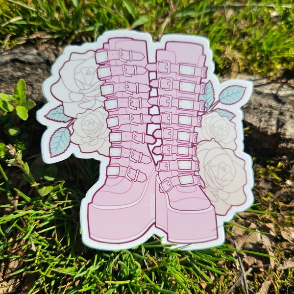 Pink Boots Sticker, Roses, Demonias, Alternative Fashion, Platform Boots, Pastel Goth, Cute, Car Decal, Water Bottle Sticker, Moonkissed