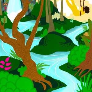 Puede incluir: Una ilustración estilizada de una persona cayendo a través de un exuberante bosque verde con un río azul serpenteando a través de él. La persona lleva pantalones amarillos y tiene la piel oscura.