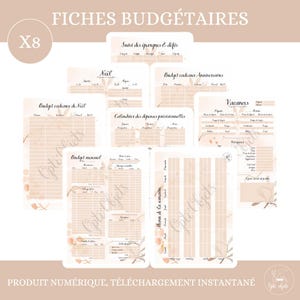 Peut inclure: Un ensemble de huit feuilles de suivi budgétaire imprimables avec un thème de couleur pêche et blanc et des accents floraux. Les trackers incluent des catégories pour les économies, les cadeaux, les dépenses mensuelles, les vacances, et plus encore.