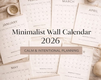 Minimalist Wall Calendar 2026 | Printable Monthly Calendar | Neutral Home Office Wall Art