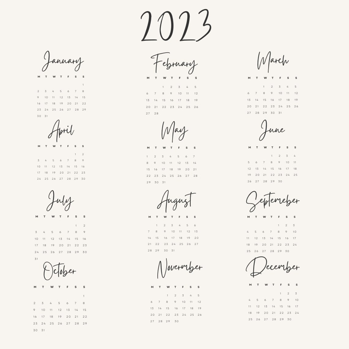Printable Calendar 2023, Wall Calendar, Minimalist 2023, Monthly