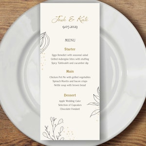 Carte de menu en papier mince Carte de menu de mariage moderne Carte de menu entièrement personnalisée pour mariage Baby shower Menu d'anniversaire Fiançailles