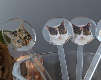 Print Your Cat Face Acrylic Pet Sticks 1-Sided Signature Drink Dog of Honor Waterproof Acrylic Cocktail Stirrers Cat Stirrers