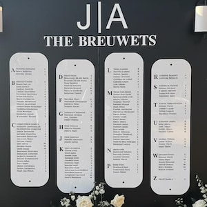 Puede incluir: Un plano de asientos de boda negro con el texto "J|A THE BREUWETS" en la parte superior. Cuatro rectángulos blancos curvos enumeran los nombres alfabéticamente. Rosas blancas y vegetación decoran la base.