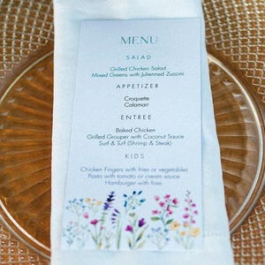 Tarjeta de menú impresa en papel Tarjeta de menú minimalista para bodas Tarjeta de menú totalmente personalizada para bodas Menú para baby shower/cumpleaños Menú de compromiso