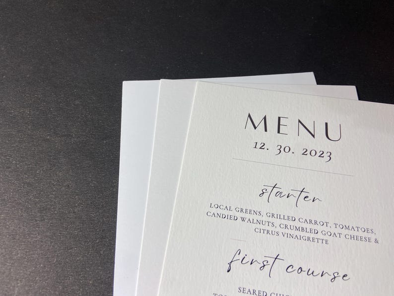 White Menu Card Design Slim Paper Menu Card Minimalist Wedding Menu Card Fully Personalized ...