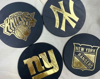 Handmade New York Sports Teams Yankees Giants Knicks Rangers Black and Gold Leather Coasters Holiday Gift Set of 4