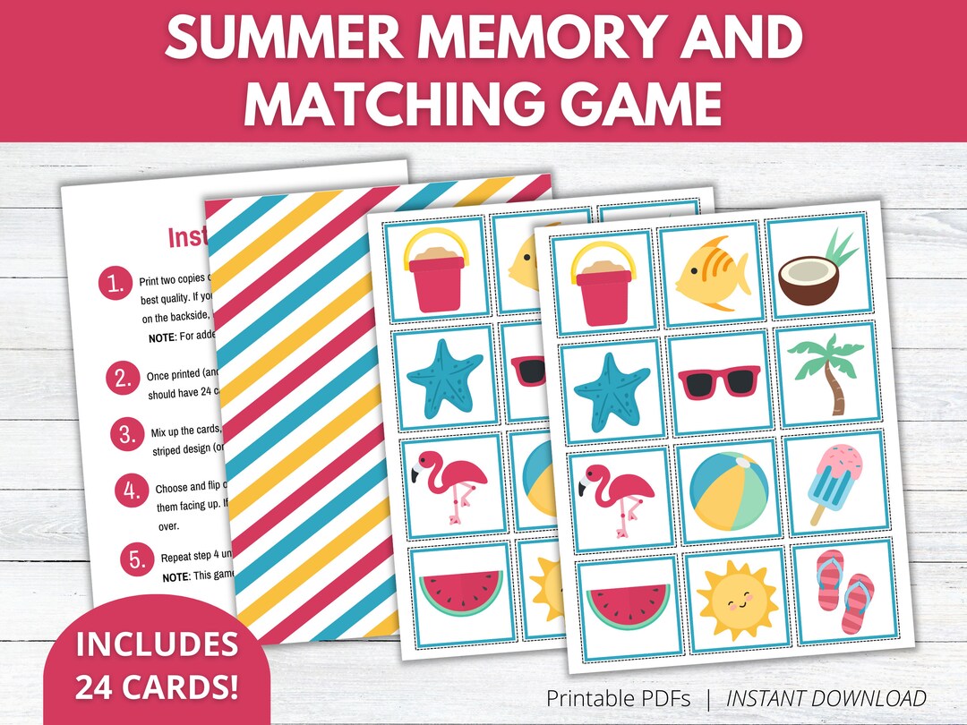 Summer Matching Game Printable, Memory Game, Preschool Printable, Summer Activity for Kids