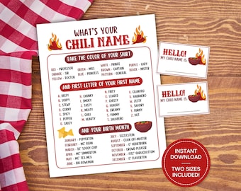 What's Your Chili Name Game + Name Tags, Chili Cook-Off Party, Chili Name Generator Game, Chili Contest Theme, Chili Competition Icebreaker