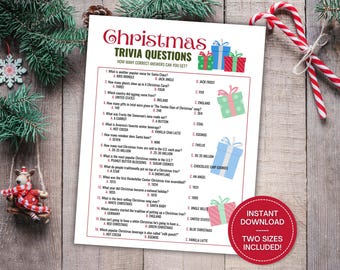 Könnte beinhalten: Ein druckbares Weihnachts-Quiz mit 16 Fragen und Multiple-Choice-Antworten. Die Fragen drehen sich um Weihnachtstraditionen, Geschichte und Popkultur. Das Spiel ist mit bunten Geschenkboxen verziert.