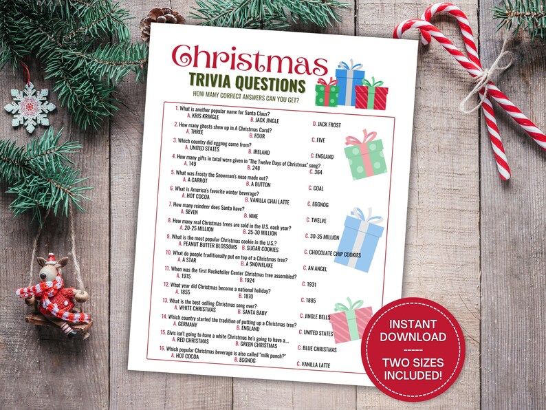 Christmas Trivia Game. Printable trivia game in full and half size pages with answer sheet included. Blue, green, and red present graphics with dark red and black font.