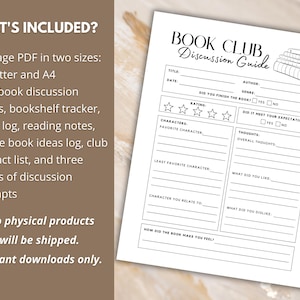 Book Club Discussion Guide - US Letter, A4 sizes - 10 pages including reviews, trackers, note pages, and discussion prompts.