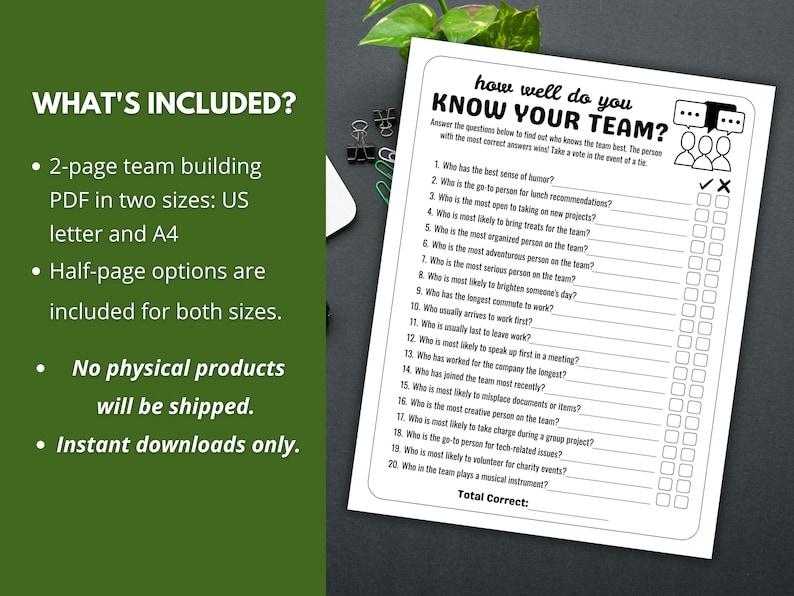 How Well Do You Know Your Team - Team building game in two sizes: US Letter and A4. Two-per-page option included in each size.