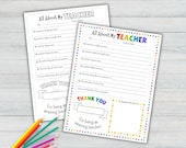 Teacher Appreciation Week Printable, All About My Teacher, Questionnaire for Students, End of School Gift, Thank You Gift, Coloring Page
