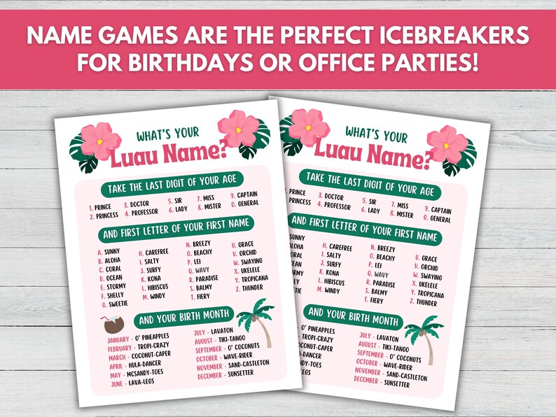 What's Your Luau Name Game With Name Tags, Hawaiian Party Game ...