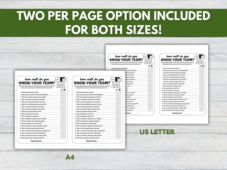 How Well Do You Know Your Team - Team building game in two sizes: US Letter and A4. Two-per-page option included in each size.