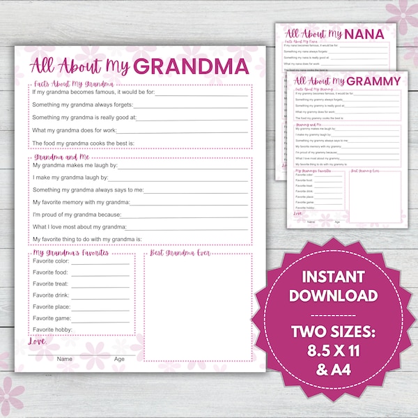 All About My Grandma Printable, Mother's Day Gift, Grandma Keepsake Gift, Grandparents Day, Grandma Questionnaire, Gift from Grandkids, Nana