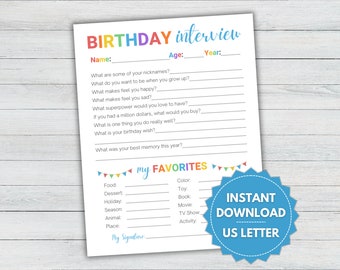 Kids Birthday Interview, Printable Birthday Questionnaire, Toddler Birthday Interview, Kids Birthday Form, Birthday Tradition Keepsake