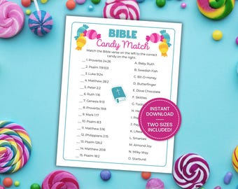 Bible Candy Match Game, Bible Scavenger Hunt Activity, Christian Church Party Game, Youth Group Activities, Bible Trivia Game, Bible Retreat