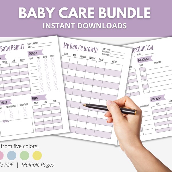 Printable Baby Care Bundle, Feeding, Sleep, & Diaper Trackers, Illness/Medication Log, Growth Tracker, New Mom Planner, Infant Care Log