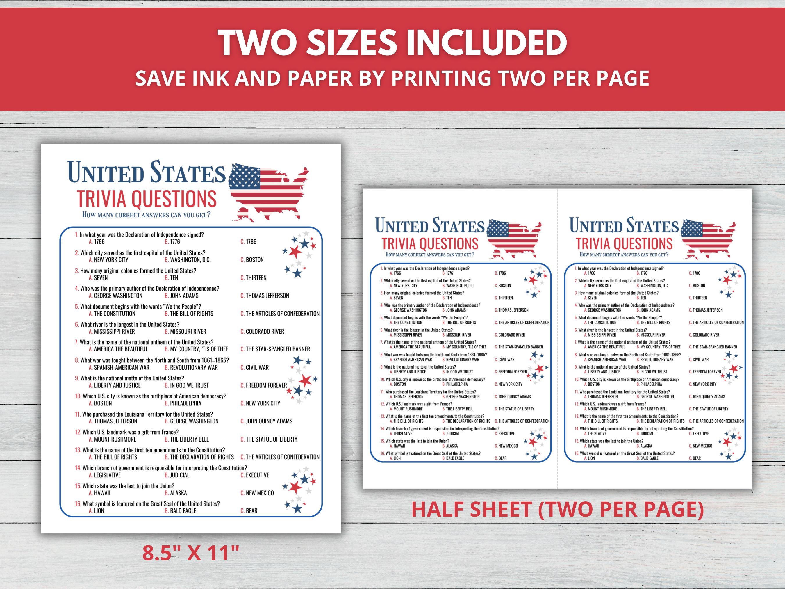 United States Trivia Game, USA Trivia, 4th of July Trivia, 250th ...