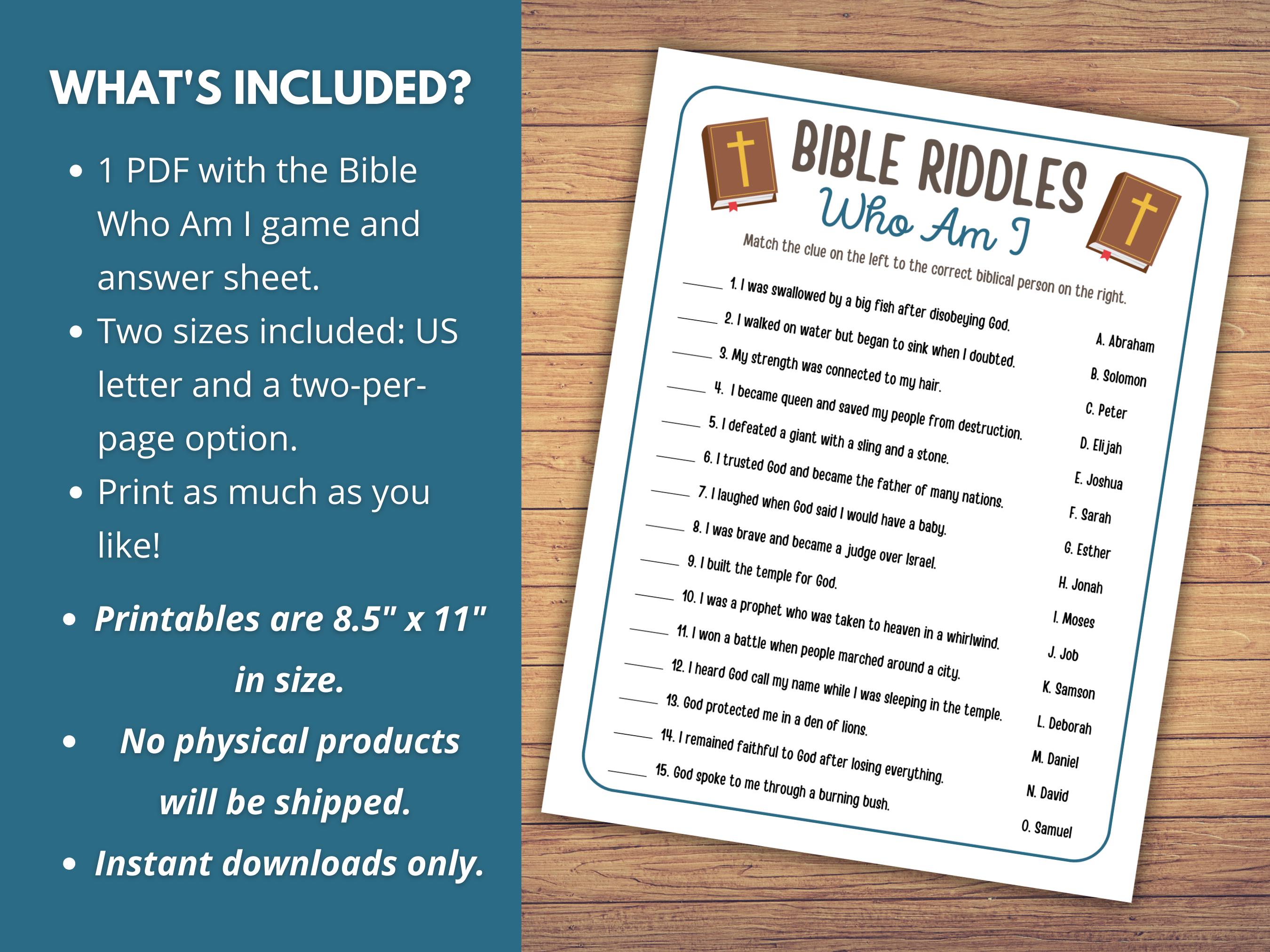 Sunday Riddles Bible Riddles, Bible Who Am I Game, Bible Trivia, Bible Characters ...