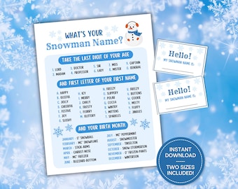 Was ist Ihr Schneemann Namensspiel mit Namensschilder, druckbare Weihnachtsfeier Spiel, Weihnachtsnamen Spiel, Eisbrecher Spiel, Urlaubsparty Aktivität