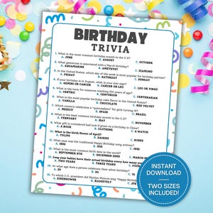 以下が含まれることがあります： 印刷可能な誕生日のトリビアゲームで、多肢選択式の質問があります。 ゲームは、青いボーダーとカラフルな紙吹雪のある白い背景にあります。 上部には「BIRTHDAY TRIVIA」というテキストがあります。 「INSTANT DOWNLOAD」と「TWO SIZES INCLUDED！」のテキストが含まれています。