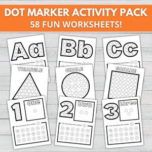 Paquete de páginas de actividades con marcadores de puntos con letras, números y formas, hojas de trabajo para preescolar, actividad Montessori para niños pequeños, preparación escolar, Dab