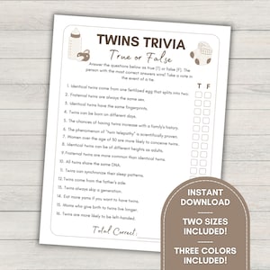 Twins Trivia True or False Baby Shower Game, Twin Baby Shower Activity, Neutral Baby Shower Trivia, Twin Baby Games, Twin True or False Quiz