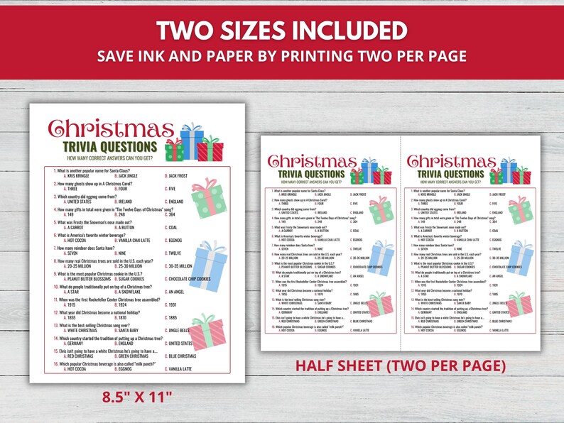Christmas Trivia Game. Printable trivia game in full and half size pages with answer sheet included. Blue, green, and red present graphics with dark red and black font.