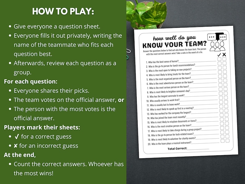 How Well Do You Know Your Team - Team building game in two sizes: US Letter and A4. Two-per-page option included in each size.