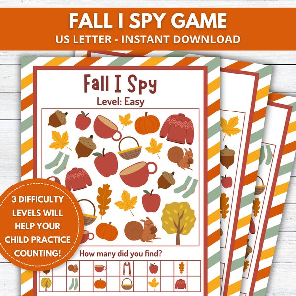 Fall I Spy Game Printable, Autumn I Spy, Fall Party Game, Look and Find, Quiet Time Activity, Preschool Worksheets, Counting Activity